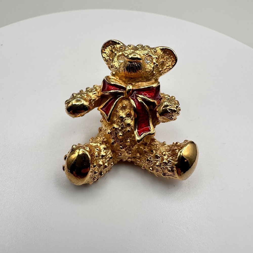 Vintage 80s Gold Tone Teddy Bear Brooch Pin Red Enamel Rhinestone Eyes Jewelry